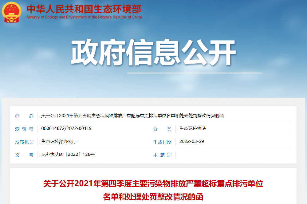 生态环境部公开2021年第四季度污染物排放严重超标重点排污单位和处理处罚整改情况